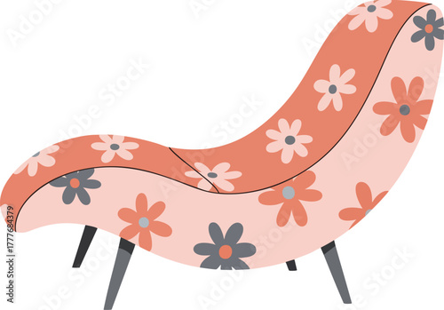 Retro pink chaise lounge chair with a cheerful floral pattern, perfect for modern home decor concepts or vintage interior design