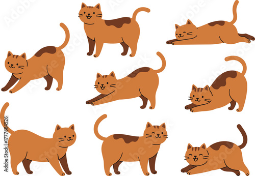 Brown cartoon cat poses, playful feline illustration, cute pet character, stretching movement, domestic animal vector, animated kitty design, pose reference