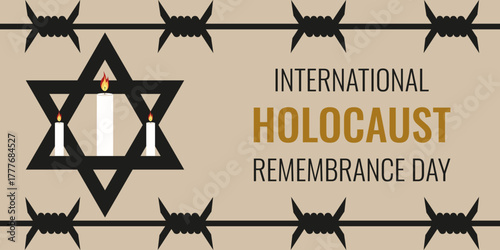International Holocaust remembrance Day banner design. Vector illustration candle with barbed wire star of David and typography.