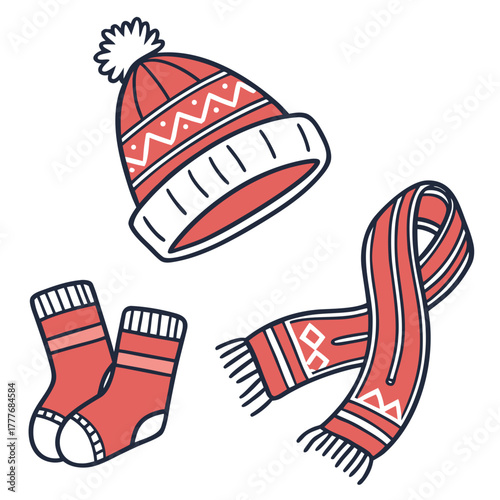 A delightful winter ensemble showcasing a knitted hat with a pompom, a stylish scarf with geometric patterns, and a pair of snug socks, all in a coordinated color palette