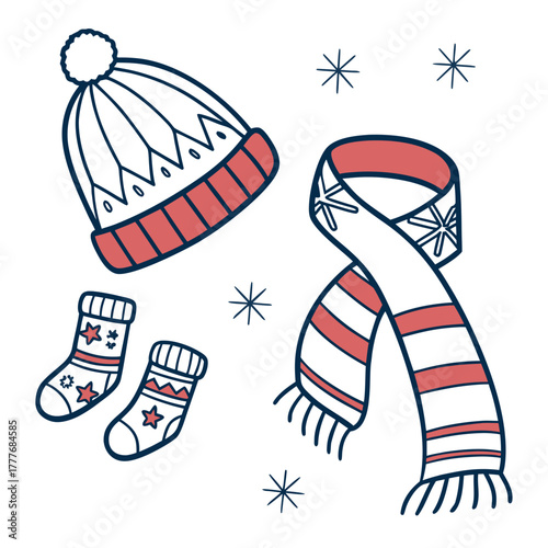 A charming illustration showcases a cozy winter ensemble, featuring a delightful hat, a snug scarf, and adorable socks, all adorned with festive details and a touch of seasonal cheer
