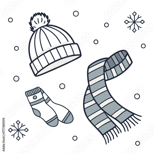 A delightful illustration presents a charming winter collection, complete with a stylish hat, a comfortable scarf, and snug socks, all rendered in a minimalist design and a touch of seasonal warmth