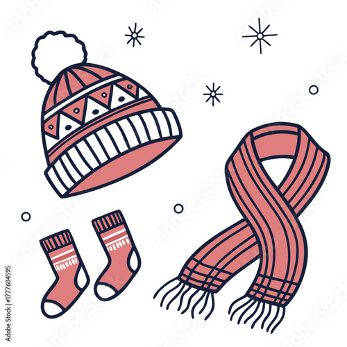 A delightful illustration showcases a cozy winter set, featuring a charming hat, a snug scarf, and adorable socks, all adorned with festive patterns and a touch of seasonal cheer