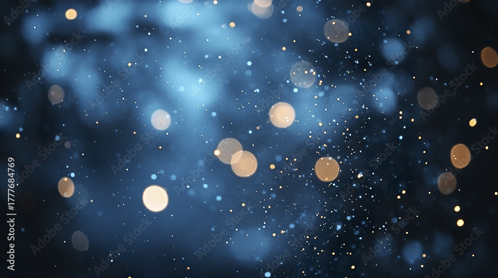 Obraz premium Dreamy blue bokeh background with diffused silver and golden light spots creating magical and serene atmosphere with soft glowing particles scattered throughout image