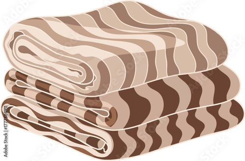 Stack of folded blankets with a striped pattern in a minimalist style. The towels evoke home comfort, fresh laundry, and clean living