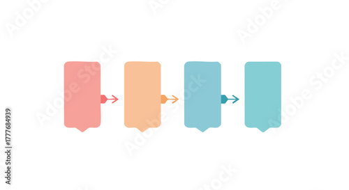 Colorful horizontal infographic showcasing a four-stage linear process with interconnected speech bubble elements, perfect for presenting sequential