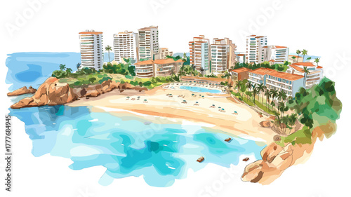Punta del Este Beach Resort. Punta del Este Beach Resort hand drawn watercolor illustration