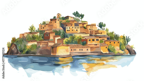 Taquile Island. Taquile Island hand drawn watercolor illustration