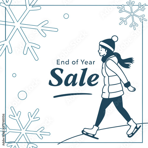 End of year sale promotion with a woman ice skating on a with snowflakes, perfect for advertising and attracting customers