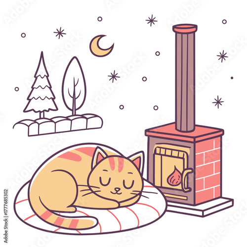 A cozy scene depicts a cat sleeping peacefully on a cushion near a warm fireplace, with snow falling outside amidst trees and a crescent moon, creating a serene and inviting atmosphere