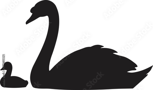 Black swan silhouette illustration, parent and baby swans, elegant bird design, nature love concept, minimalist wildlife vector art