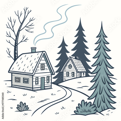 A cozy winter scene depicts two charming cottages nestled amidst snowcovered hills, surrounded by towering pine trees and a bare tree, with smoke curling from a chimney
