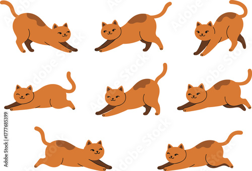 Brown cat vector illustration, playful feline poses, stretching cartoon animal, cute pet character, domestic cat movement, adorable kitty design, animation asset