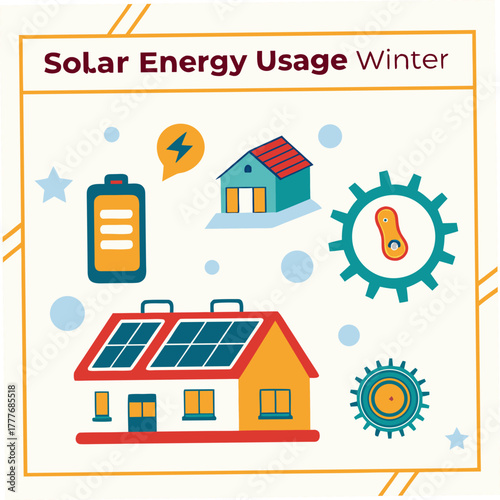 Illustration depicting solar energy usage in winter, featuring houses with solar panels, batteries, gears, and snowflakes, emphasizing renewable energy and sustainable living