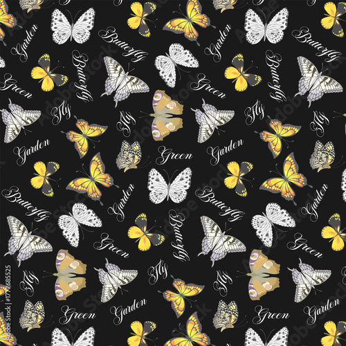 Black background with beautiful butterflies and texts.Vector seamless pattern with beautiful butterflies and texts on a black background.