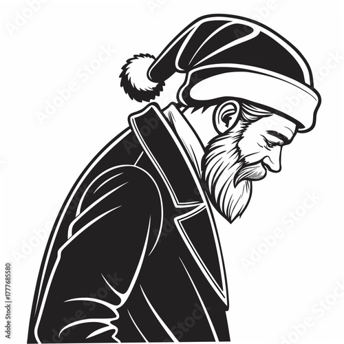 A black and white illustration of santa claus in a contemplative pose, with a beard and hat, wearing a coat, , showcasing a classic holiday theme