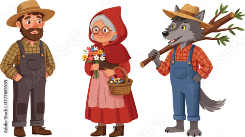 Cartoon fairy tale characters, grandmother, wolf, woodsman, red hood theme, flower basket, plaid shirt, overalls, folklore scene, children illustration