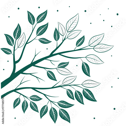 A delicate illustration showcases a branch adorned with lush green leaves, the intricate details and vibrant color evoke a sense of freshness and vitality, capturing the essence of spring