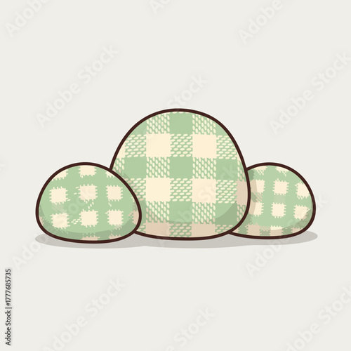 Three cartoonish Easter eggs with a gingham pattern in green and beige, set against a plain background