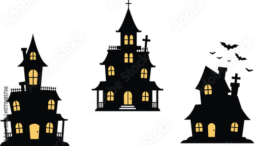 Haunted house silhouette illustration, spooky Halloween buildings, glowing windows, flying bats, eerie rooftops, graveyard elements, horror night theme, vector art
