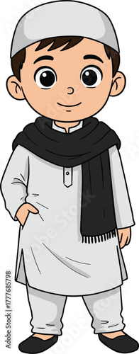 Traditional boy, cultural attire, shalwar kameez, cartoon character, black scarf, smiling child, ethnic fashion, educational illustration, heritage outfit, festive pose