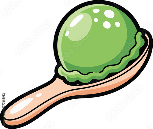 Vibrant cartoon illustration of a bright green scoop of sorbet or ice cream served on a small wooden spoon, perfect for dessert themes
