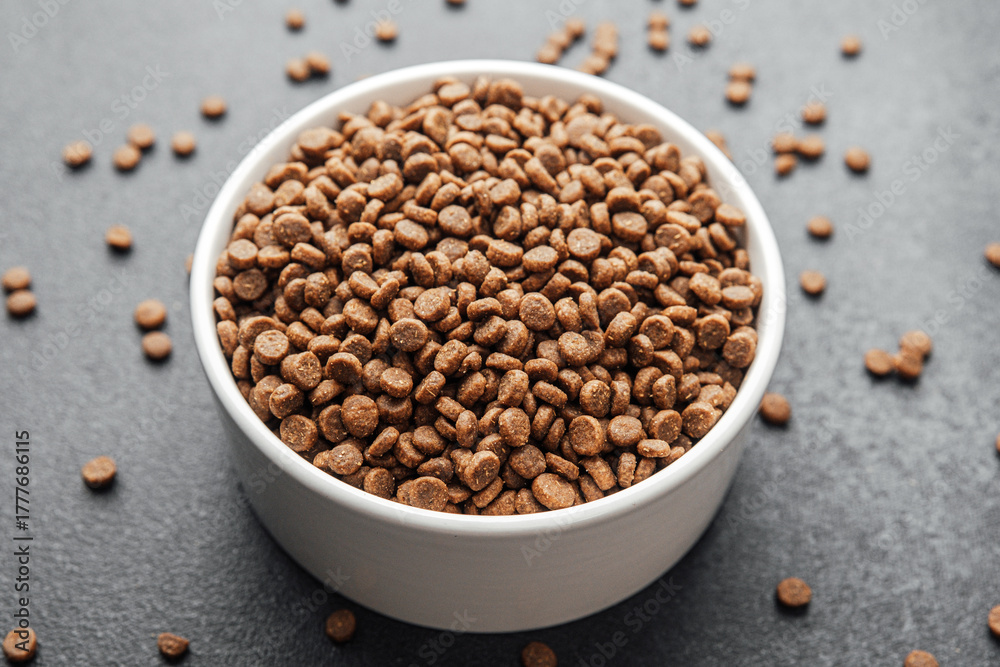 Fototapeta premium White bowl filled with dry dog food on black background with scattered kibbles