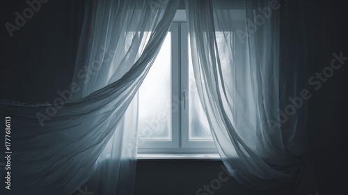 Sheer curtains blowing in the wind in front of a window