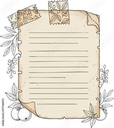Vintage blank lined notepad page with torn edges, decorated with hand-drawn botanical elements and berry clusters, perfect for recipes or notes