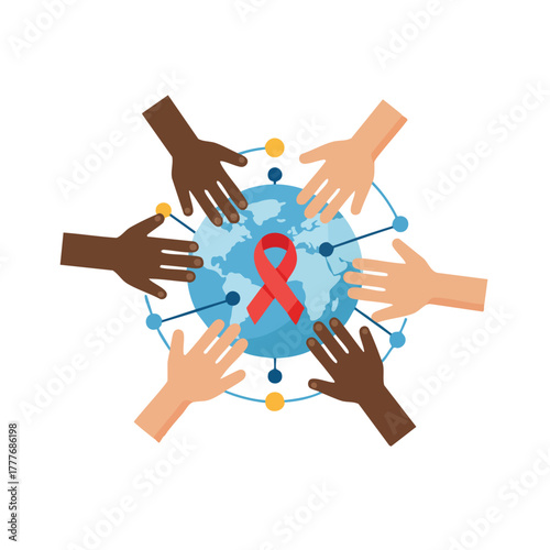 Diverse hands uniting around a world globe with a red ribbon symbolizing collective global awareness and support for vital causes