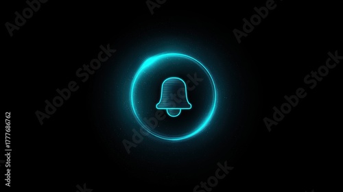 Glowing neon bell icon on a dark background, notification concept