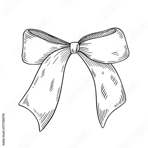 Bow vector illustration with wide ribbon in engrave style. Etching of textile knot for Xmas or Birthday design. Linear sketch for gifts packaging painted by black inks on isolated background.