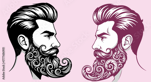 Two bearded men with ornate beards facing each other in a stylish illustration