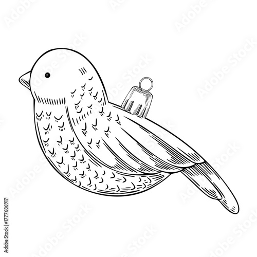 Ornament vector illustration with a bird shaped decoration with detailed feathers. Linear drawing of glass decor for vintage Christmas invitations or retro New Year greeting cards. Outline etching.