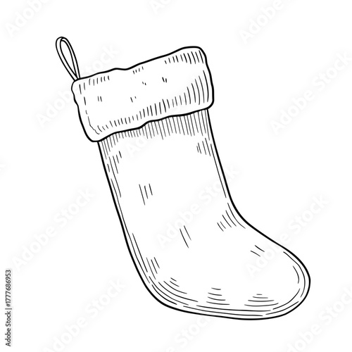 Sock vector illustration of a Christmas stocking with cuff and loop. Linear drawing of Christmas hanging decor for gifts. Etching for winter greeting cards or Xmas vintage invitations painted by inks.