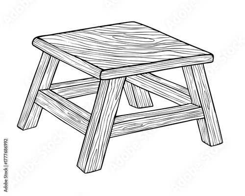 Stool vector illustration of a wooden seat with engraved texture. Linear drawing of interior furniture for rustic graphics. Etching of vintage home decor for traditional design painted by black inks.