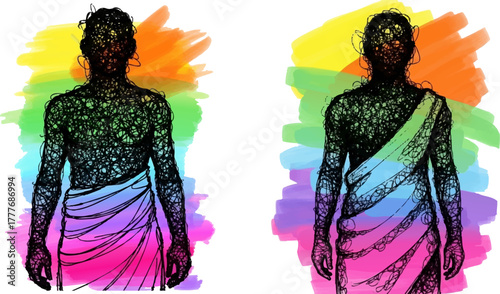 Two figures silhouetted against a vibrant rainbow watercolor background design