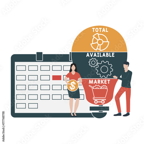 TAM - total available market acronym. business concept background. vector illustration concept with keywords and icons. lettering illustration with icons for web banner, flyer, landing