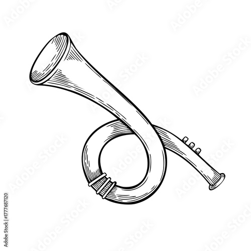 Trumpet vector illustration in engraving style. Linear drawing of Horn for vintage music designs. Etching of instrument painted by black inks for traditional festive invitations. Art for greeting card