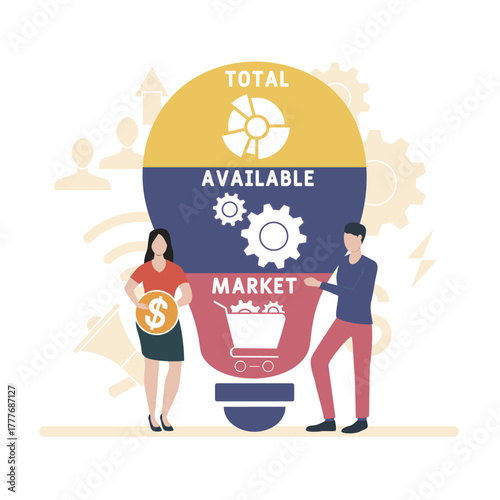TAM - total available market acronym. business concept background. vector illustration concept with keywords and icons. lettering illustration with icons for web banner, flyer, landing