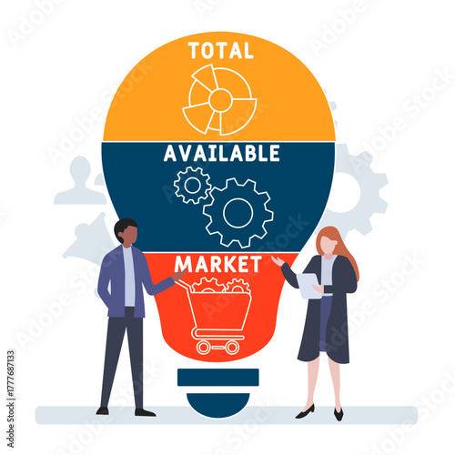 TAM - total available market acronym. business concept background. vector illustration concept with keywords and icons. lettering illustration with icons for web banner, flyer, landing