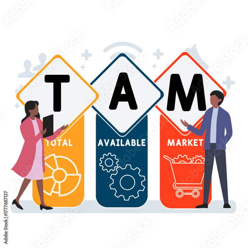 TAM - total available market acronym. business concept background. vector illustration concept with keywords and icons. lettering illustration with icons for web banner, flyer, landing