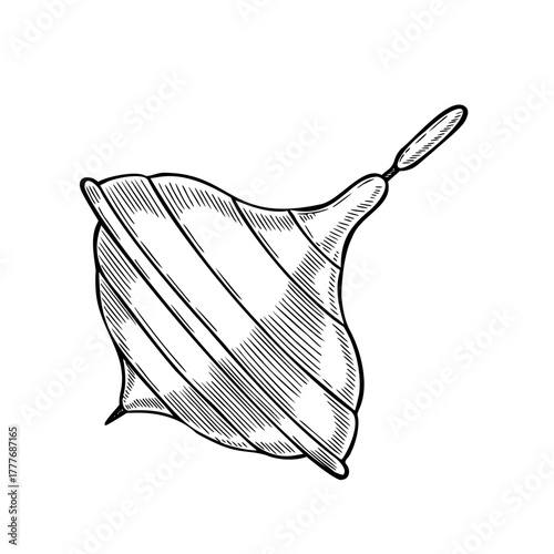 Whirligig vector illustration of a vintage spinning top Toy. Linear drawing of retro Baby Spin for nostalgic childish greeting cards or invitations. Etching painted by black inks for childhood design.