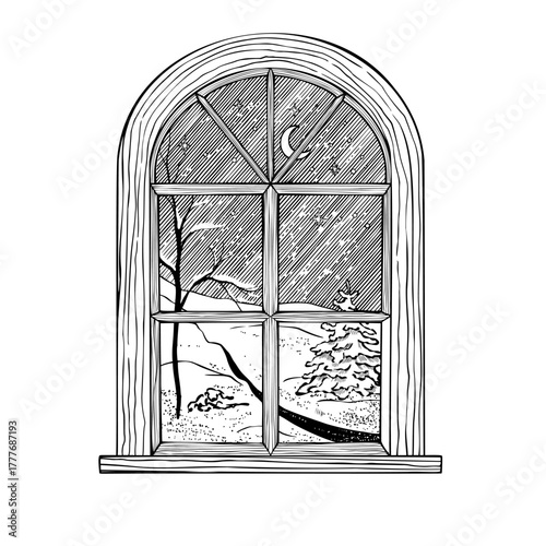 Window vector illustration showing snowy winter landscape with moon and tree. Linear drawing painted by black inks with landscape for cozy Christmas greeting cards or New Year invitations.