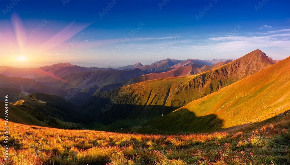 Fototapeta premium stunning panoramic view of the mountain range with its colorful slopes and valley during golden hour creating a picturesque landscape
