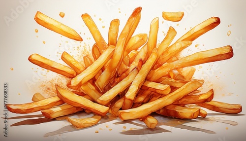 multiple french fries falling with white background