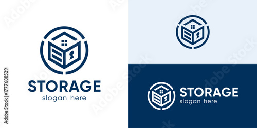 Creative simple storage home logo template. Storage with home logo design vector illustration.