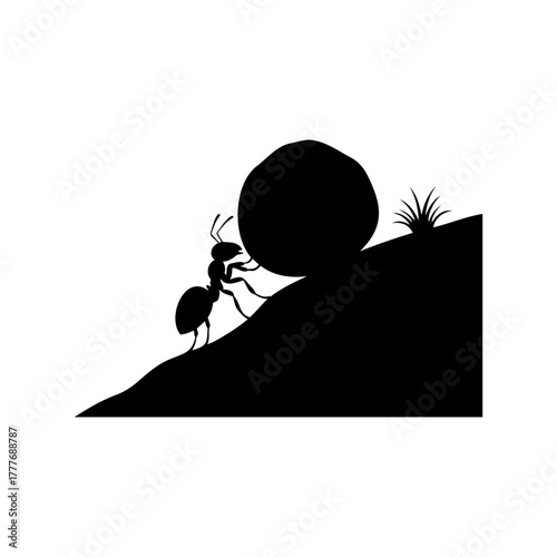 An ant pushes a large rock up the hill silhouette vector flat illustration design.