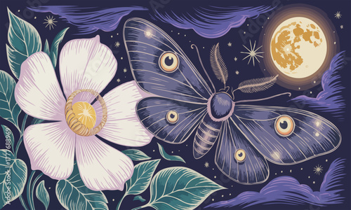 Mystical Lunar Moth, Moonflower, and Nocturnal Serenity