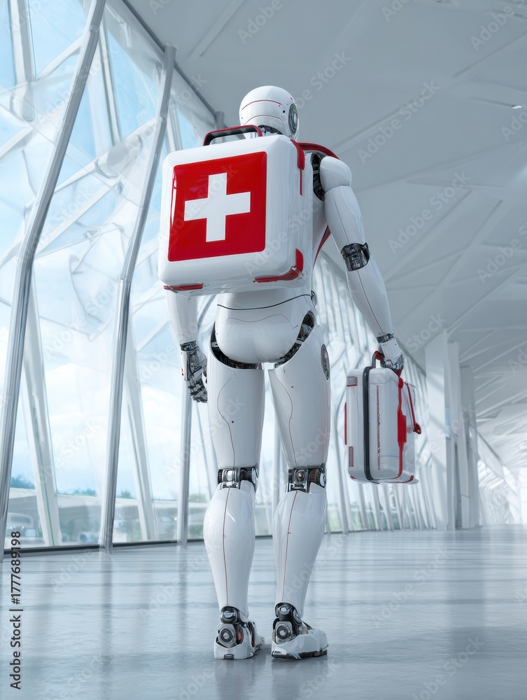 Fototapeta premium A robot medic carries a first aid kit and a suitcase in a sleek healthcare location, showcasing advanced technology and care.